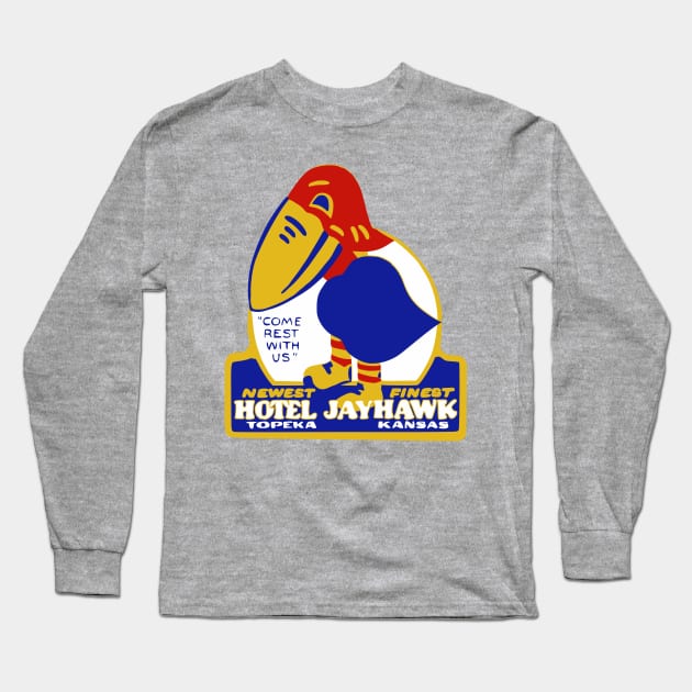Hotel Jayhawk Topeka Kansas Vintage Travel Sticker Long Sleeve T-Shirt by Yesteeyear